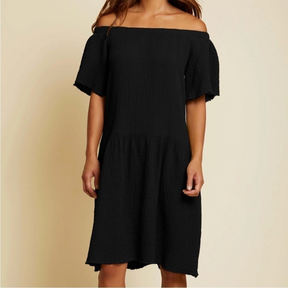 Nation Ltd Black Mariel Off The Shoulder Gauze Dress Raw Hem Beachy size S